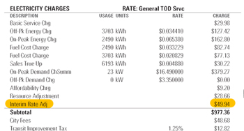 Example property management utility bill showing Interim Rate Adjustment for Xcel Energy Minnesota customer.